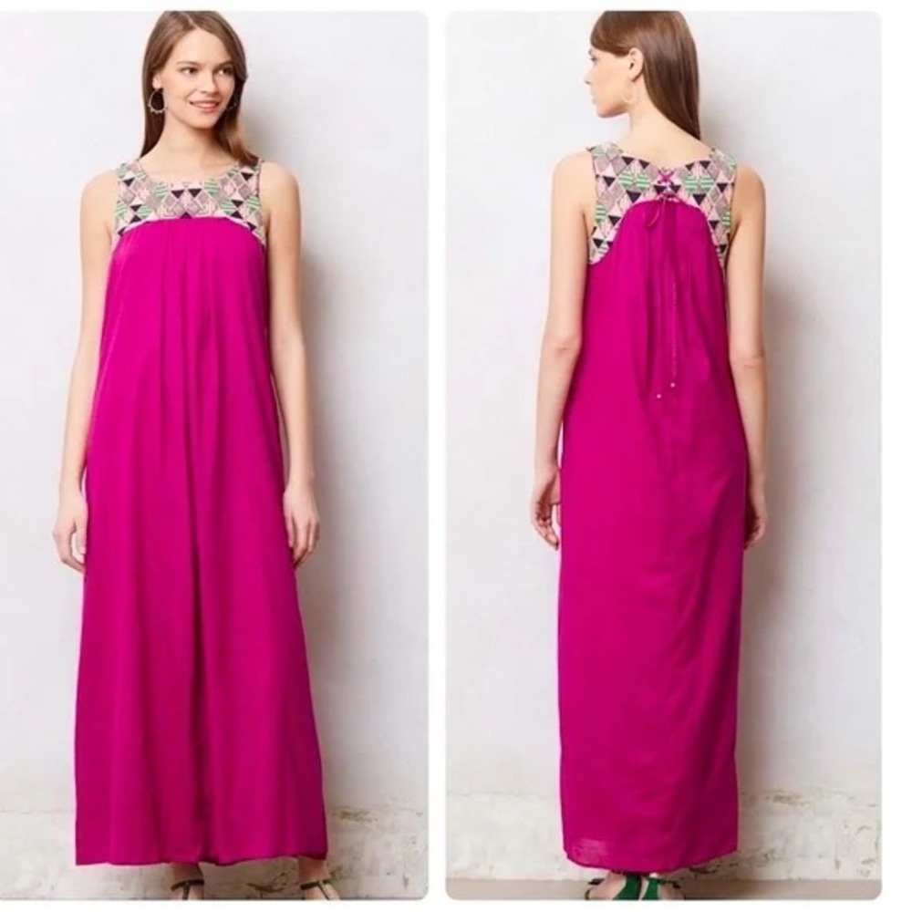 Anthropologie Maeve Magenta Beaded Maxi Dress